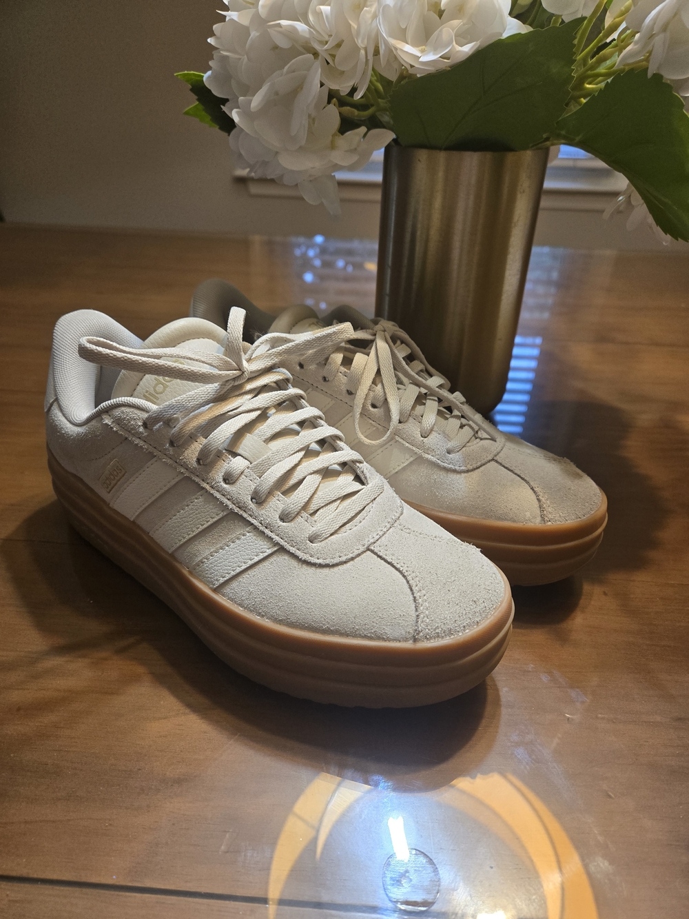 adidas Women’s White Suede Platform Sneakers with Gum Sole - Picture 5 of 9